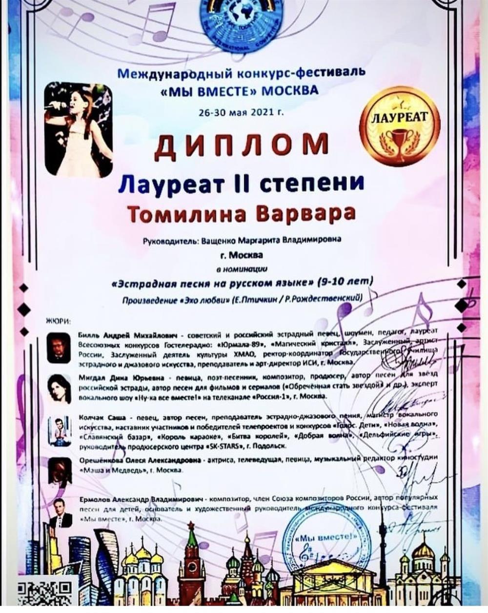 Диплом Конкурс "Мы вместе -2021" Лауреат II степени Томилина В.