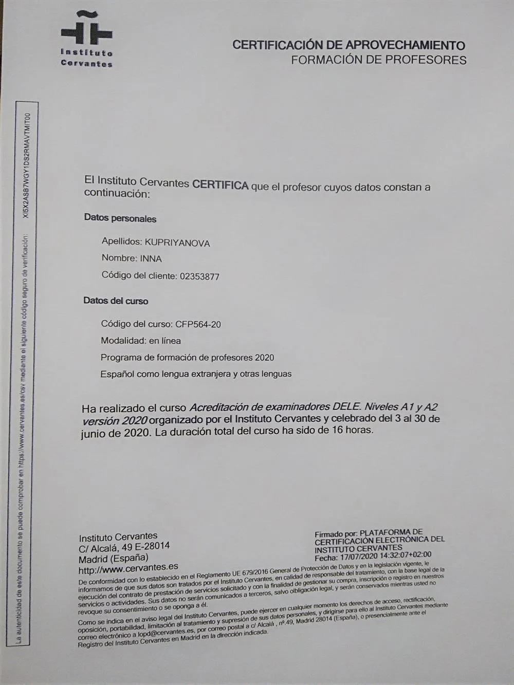 El certificado "Acreditacion de examinadores DELE (A1-A2)" (2020)