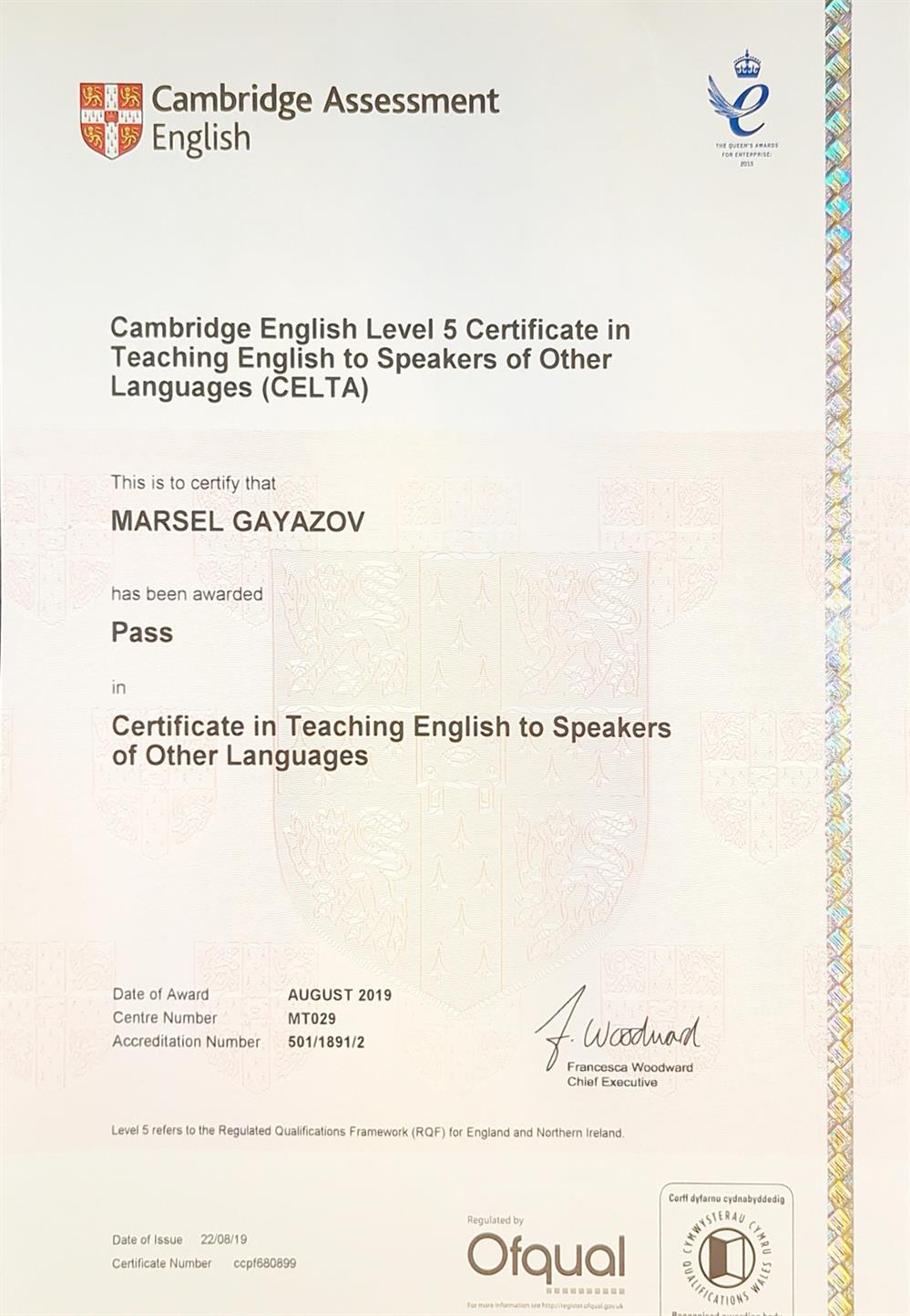Сертификат. Cambridge CELTA