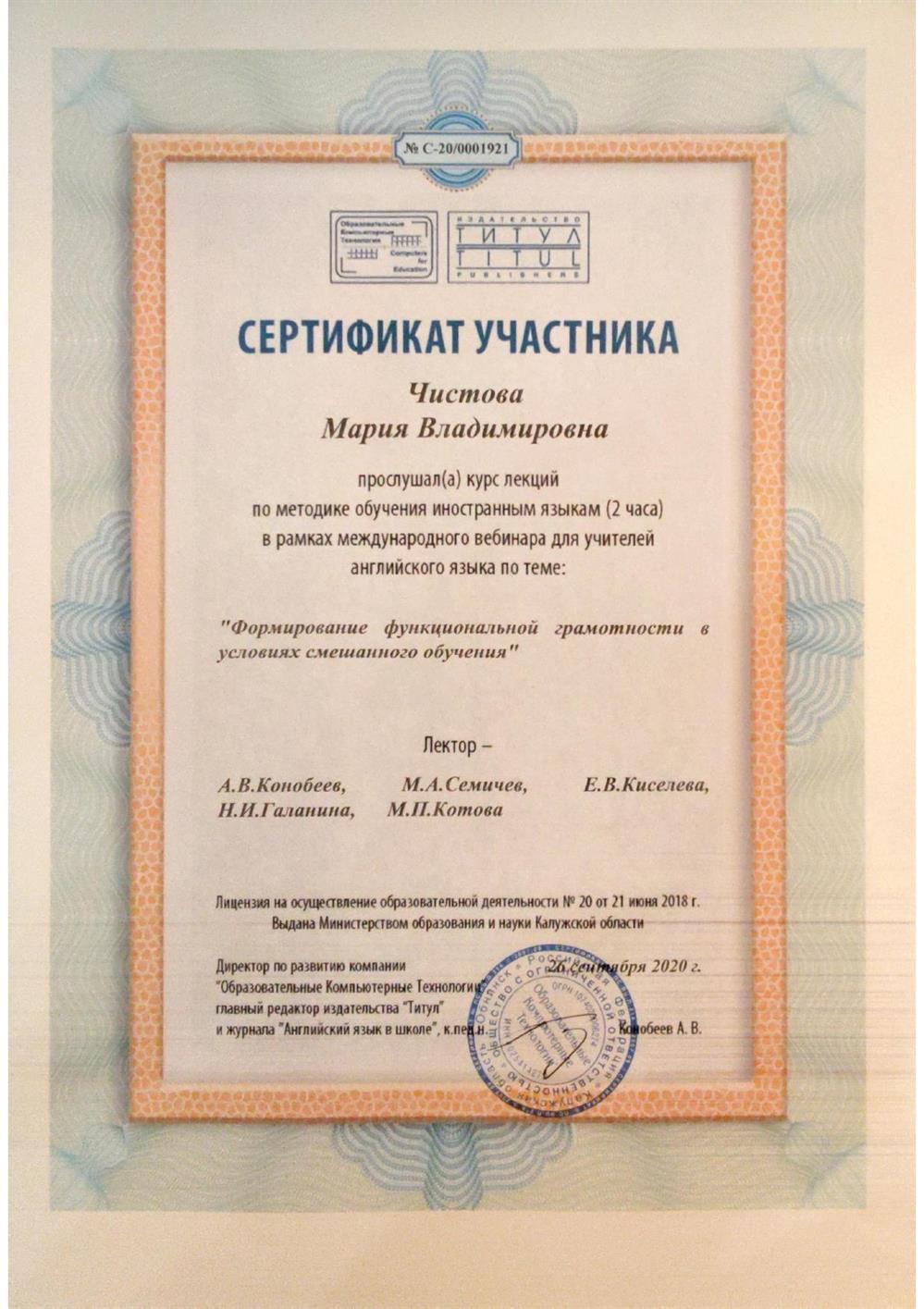 Сертификат участия "Формирование функциональной граммотности"