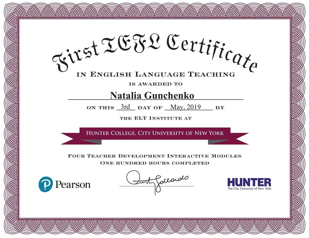 Сертификат TEFL in English Language Teaching