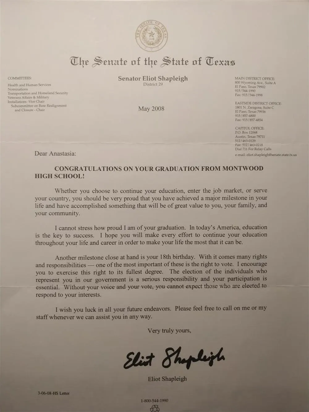 Congratulation letter from the Texas government upon High School graduation