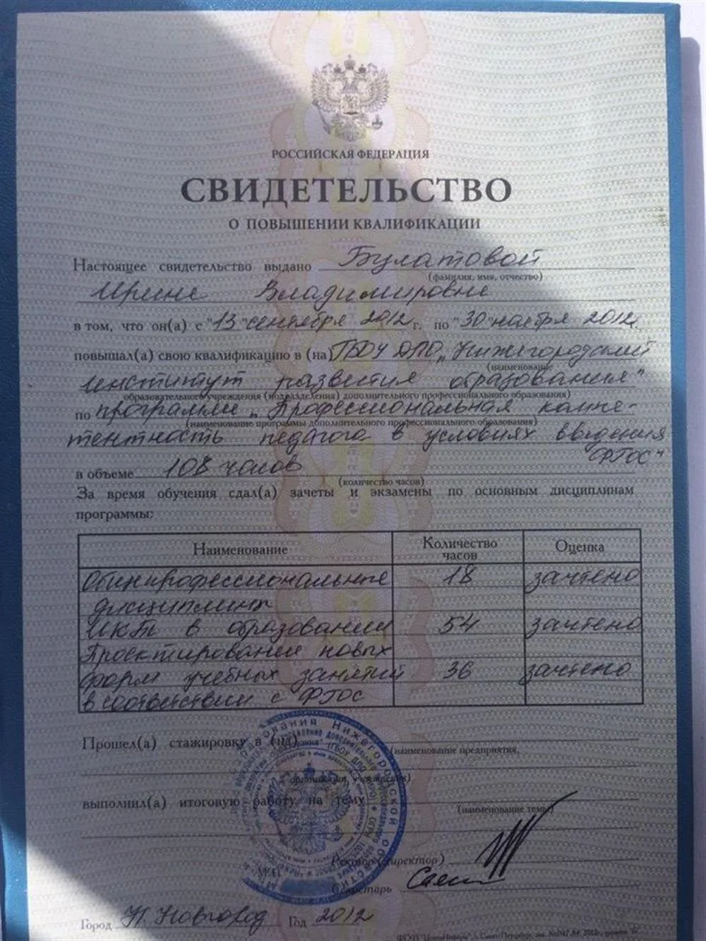 Свидетельство о повышении квалификации
