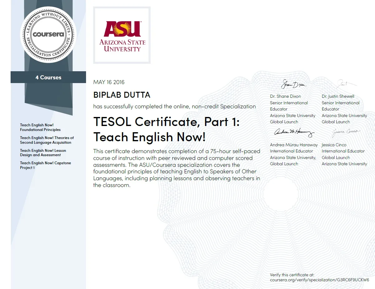Сертификат «Преподавание английского языка как иностранного, Teaching English Speakers to Others Languages (TESOL), Part-1» 