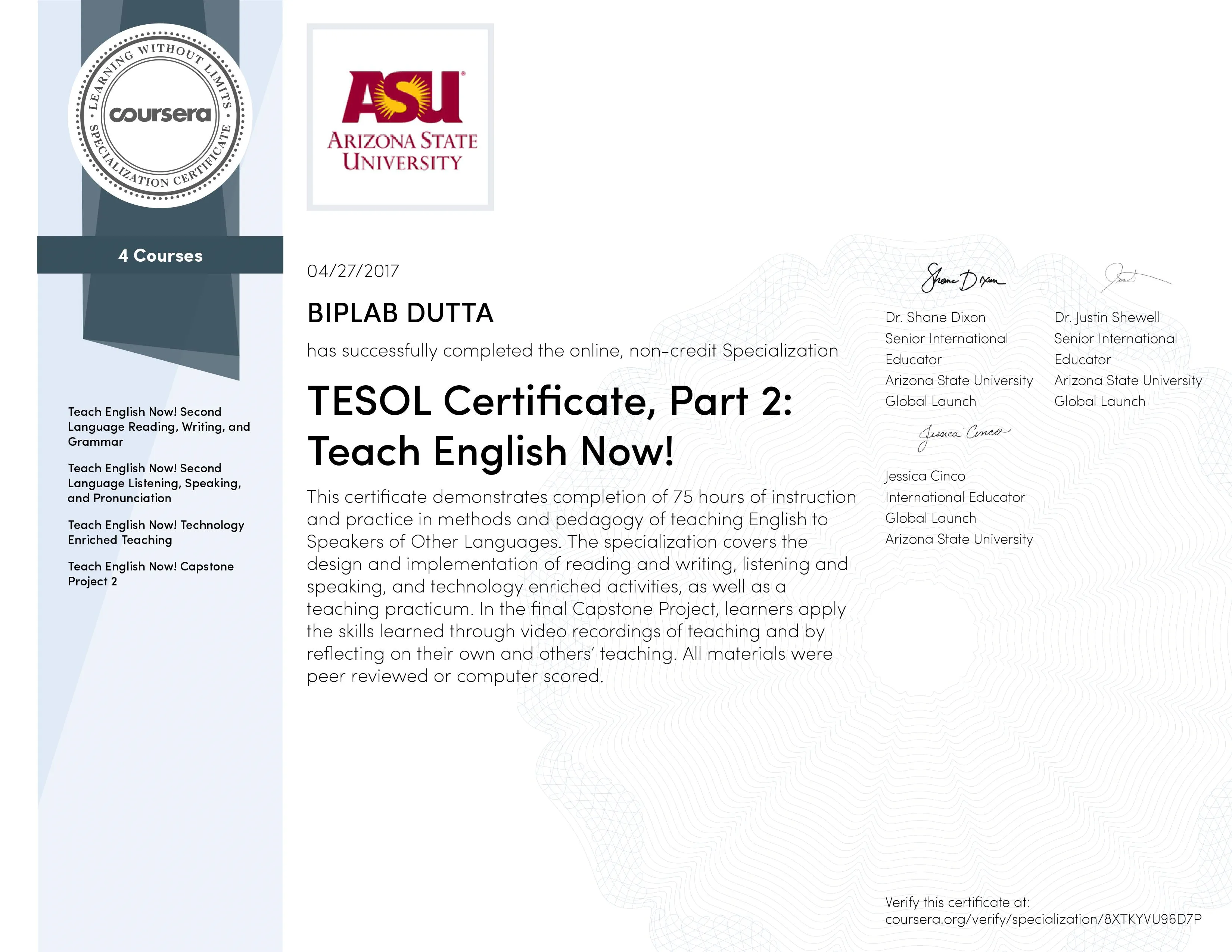 Сертификат «Преподавание английского языка как иностранного, Teaching English Speakers to Others Languages (TESOL), Part-2» 