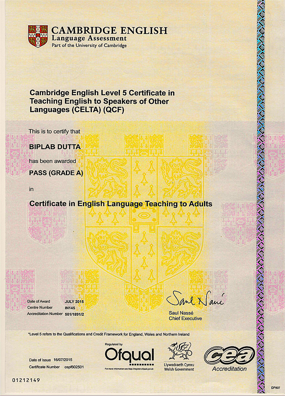 Сертификат Cambridge University (обучение по программе подготовки преподавателей CELTA - Certificate in English Language Teaching to Adults), с отличном