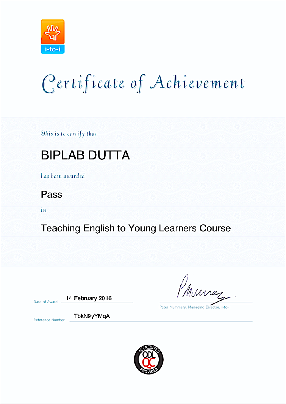 Сертификат «преподавание английского языка для молодых учащихся -Teaching English to Young Learners Course» 
