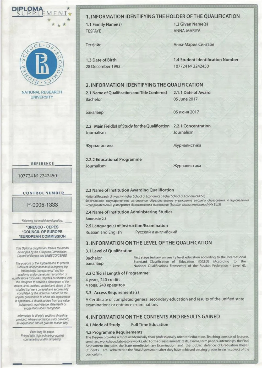 Диплом бакалавра журналистики 