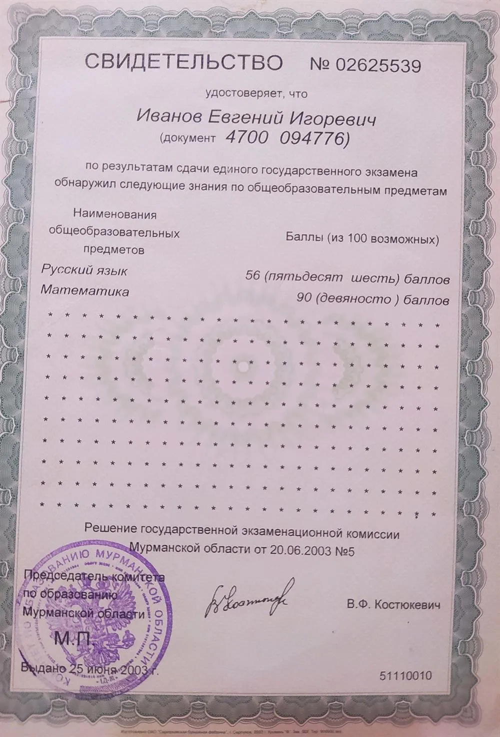 Свидетельство ЕГЭ