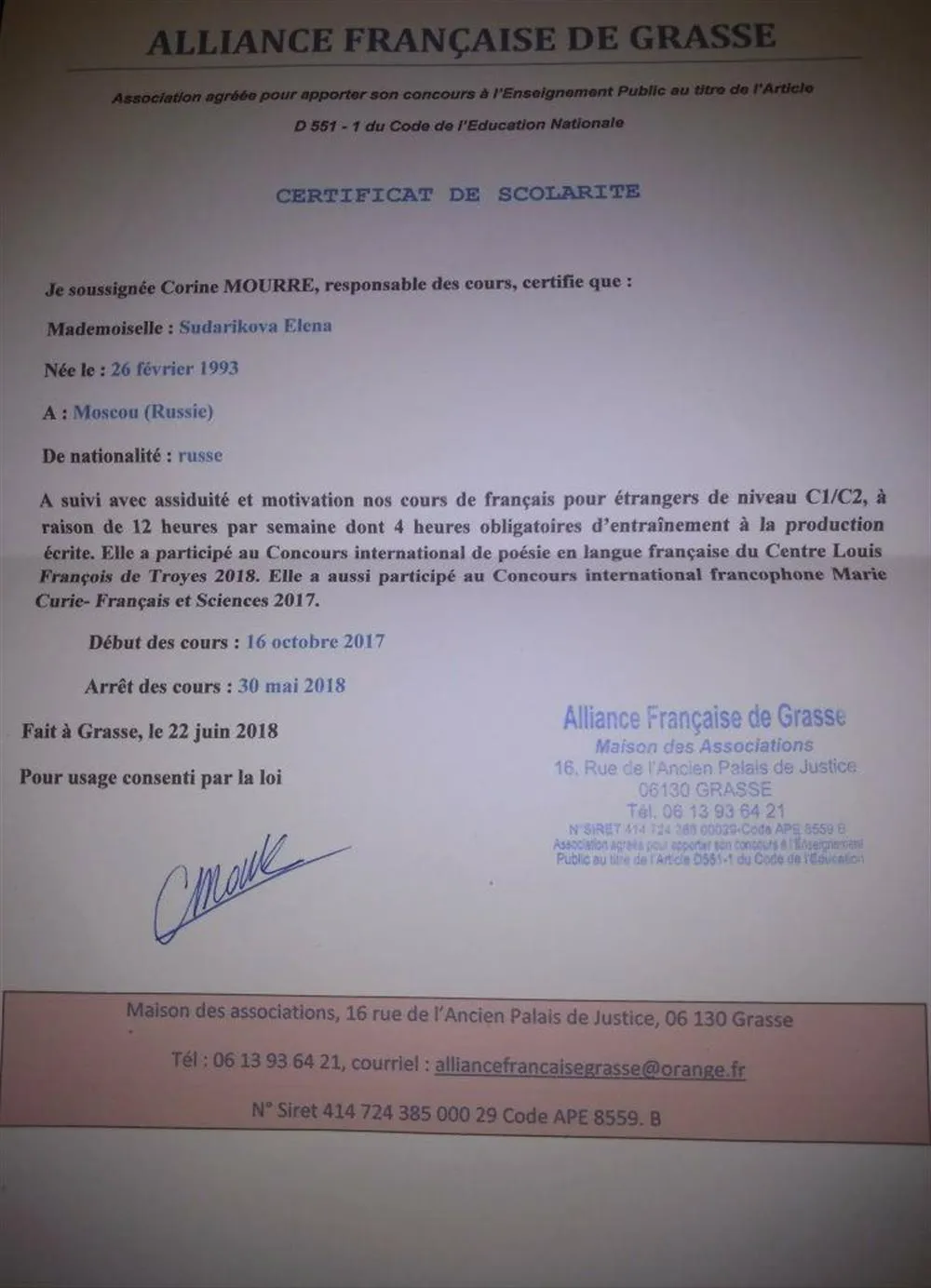 Certificat de scolarite ( niveau C1/C2) dans l'Alliance  Francaise de Grasse)