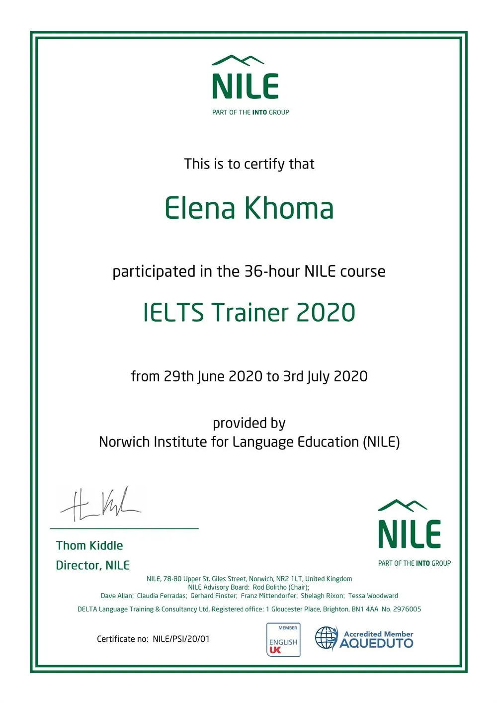 Сертификат IELTS Trainer (Norwich Institute)