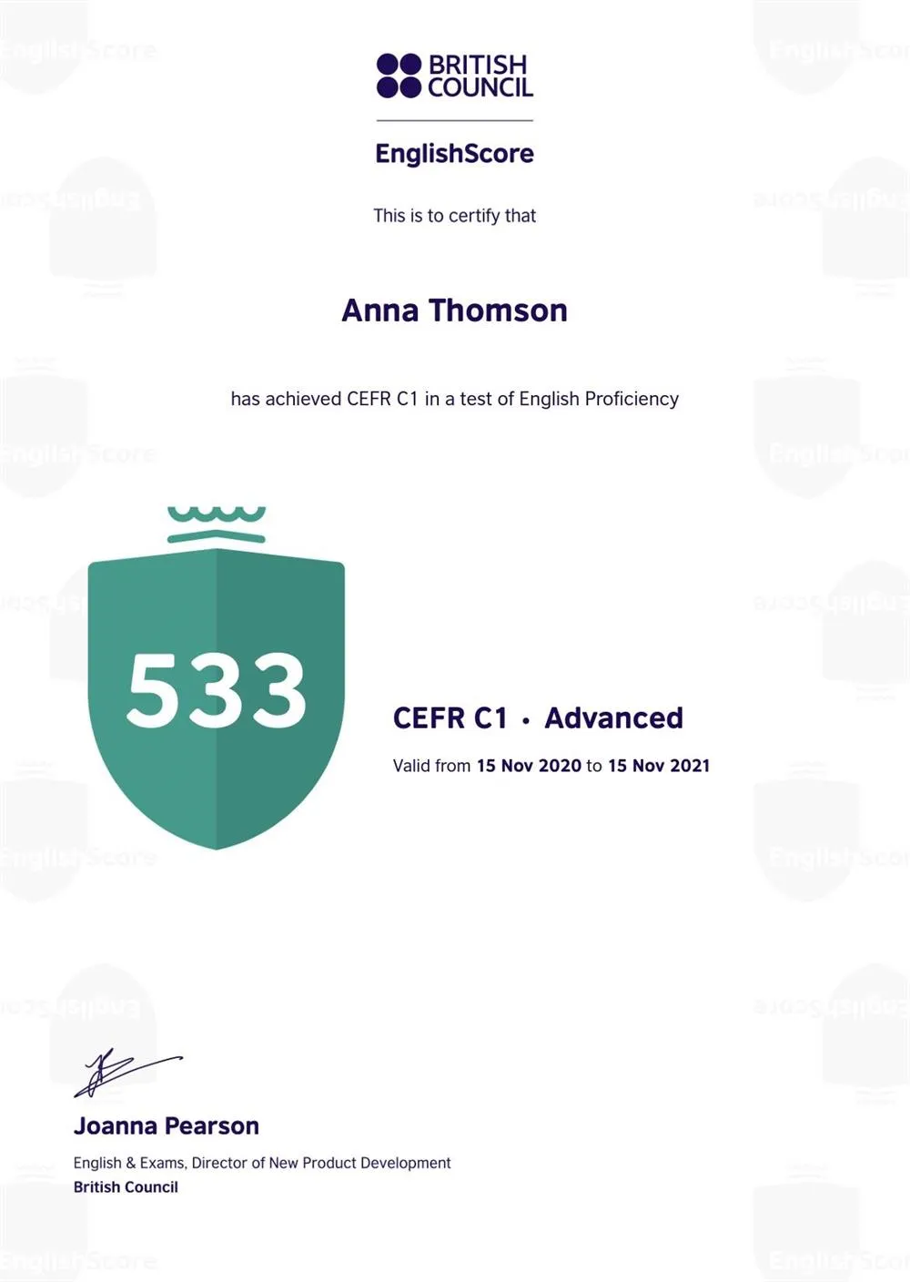 British Council English Proficiency Certificate - C1 ADVANCED