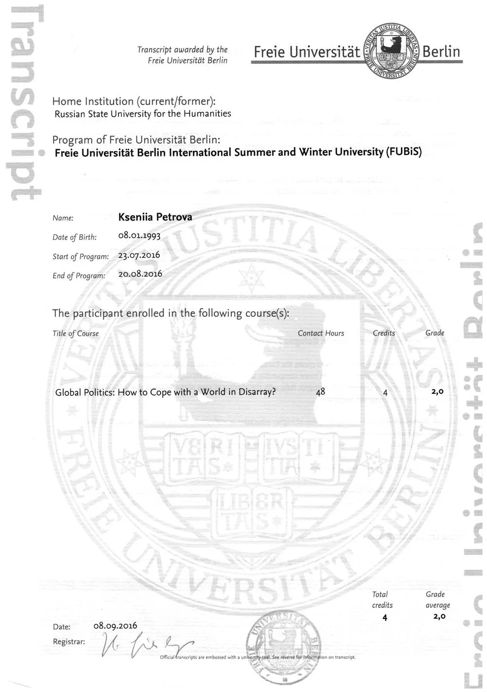 Summer Course, Free University of Berlin