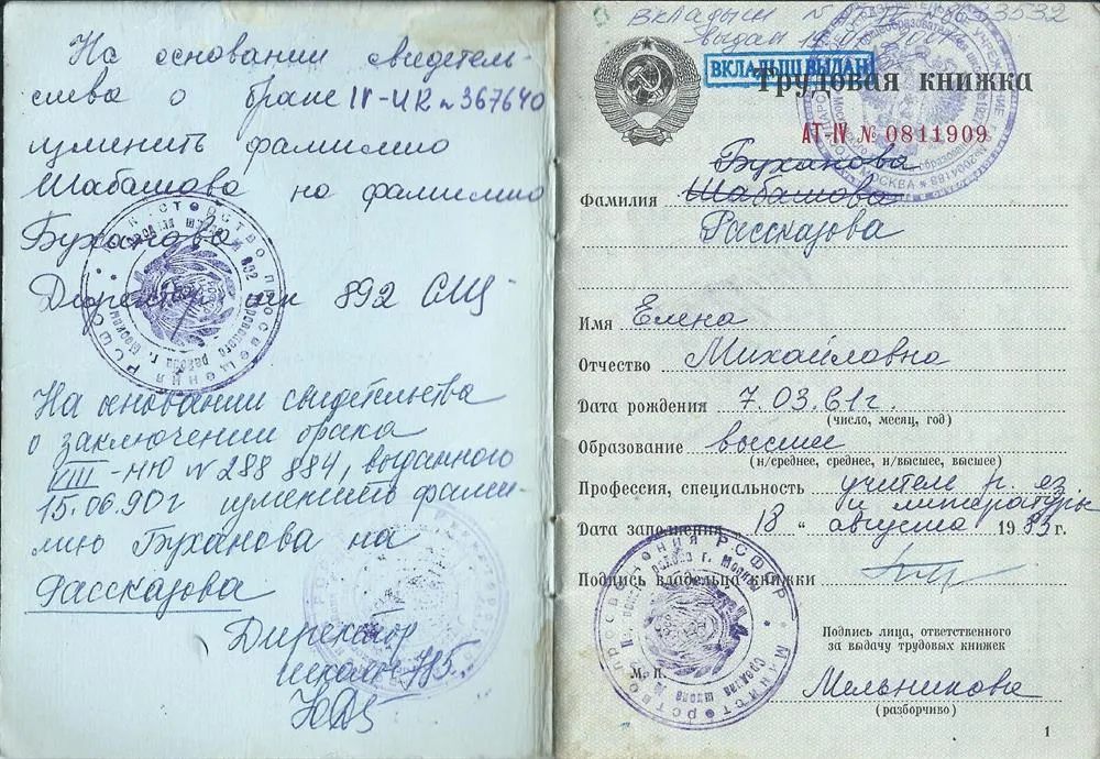 Трудовая книжка с изменениями фамилии