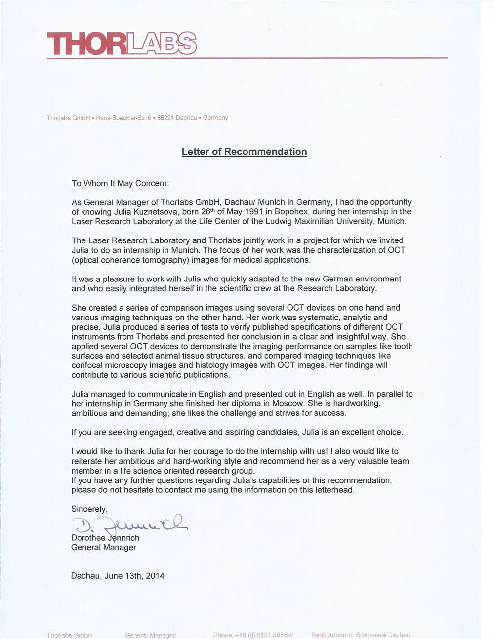 Recommendation letter (Thorlabs GmbH)