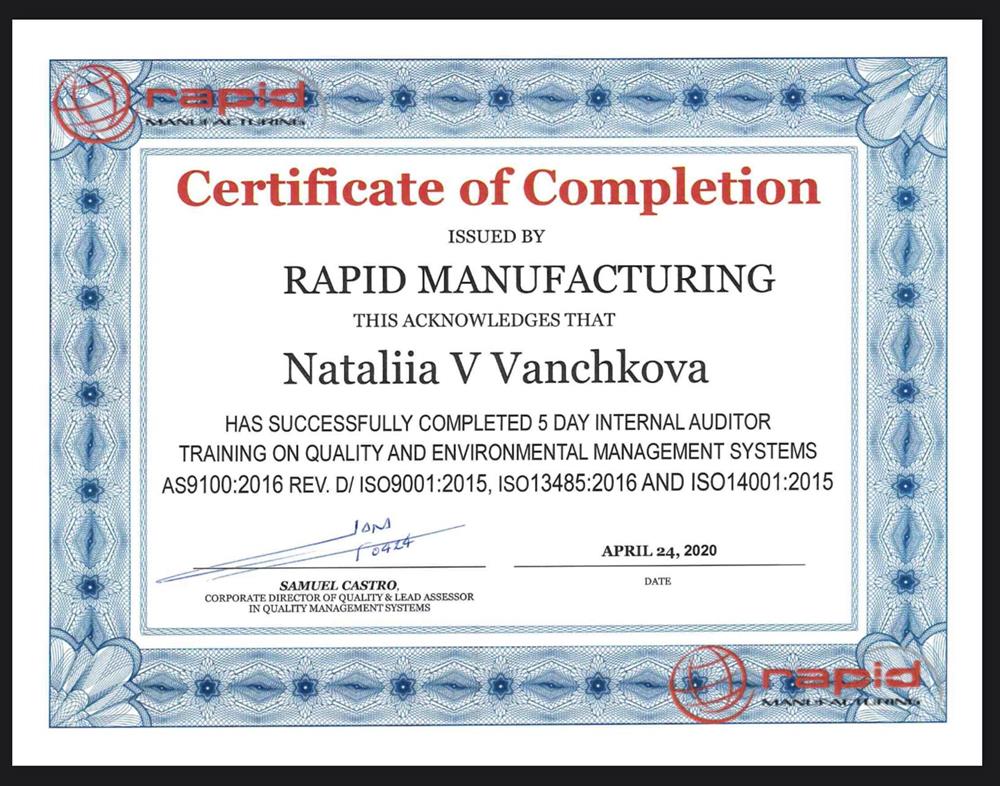 Professional Auditor Certificate (engineering terminology and manufacturing processes skills)