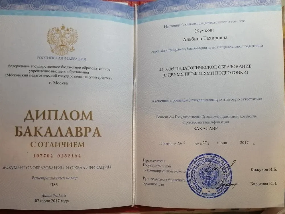 Диплом бакалавра с отличием по направлению подготовки: педагогическое образование (математика и информатика)