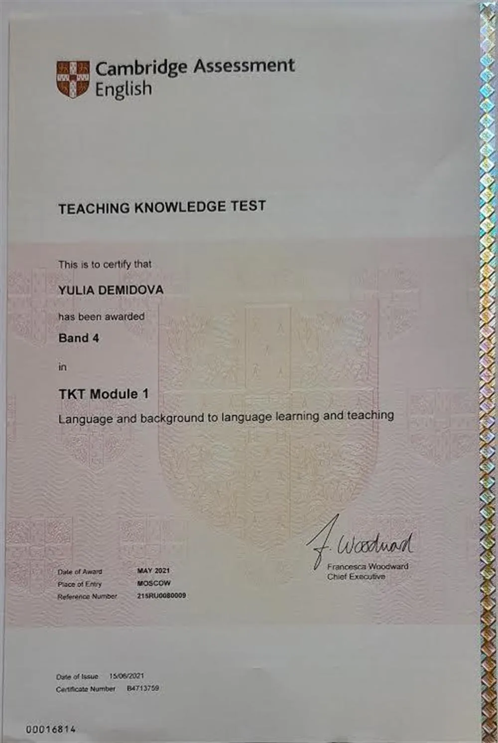 TKT Certificate, Module 1, Band 4