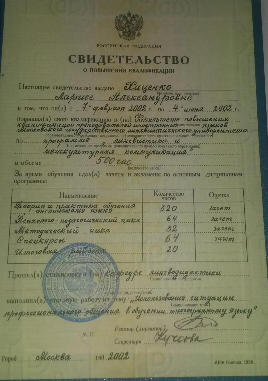 Курсы повышения квалификации в Московском лингвистическом университете 2002 г.