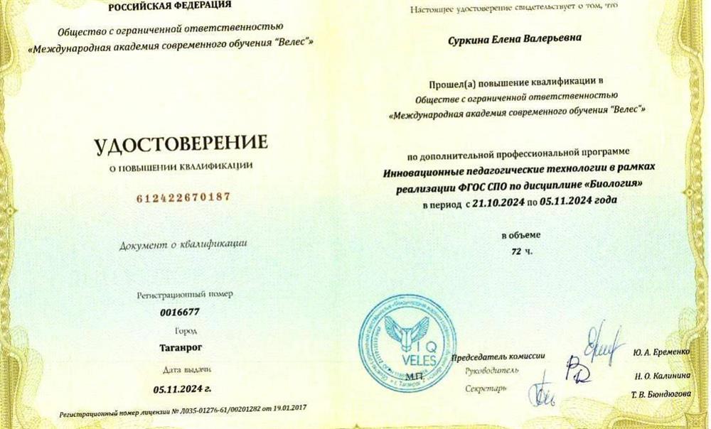 Удостоверение о повышении квалификации 
