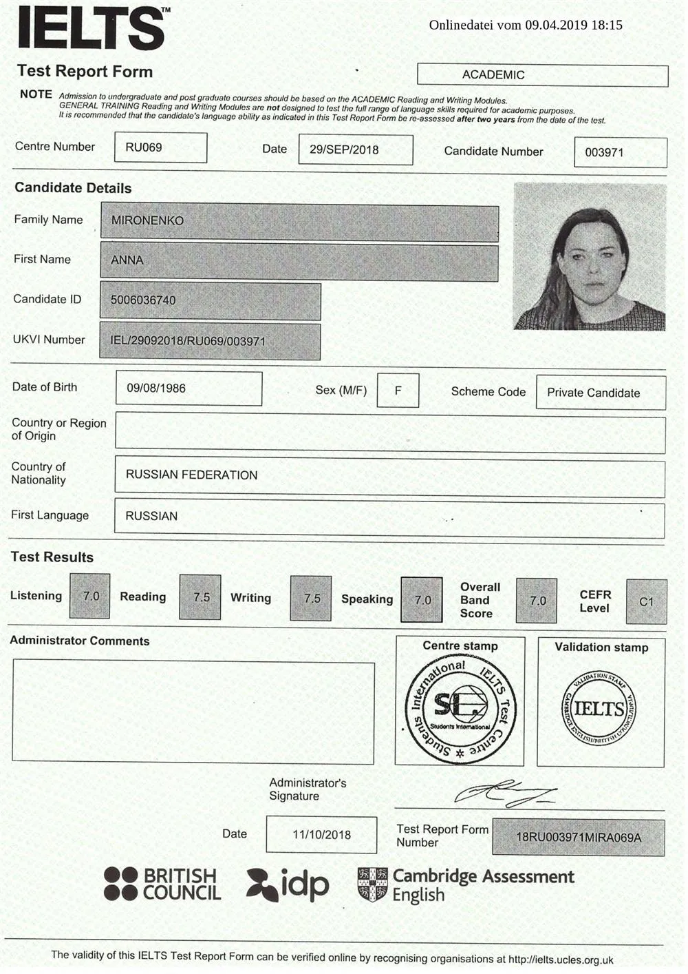 IELTS Academic, Advanced