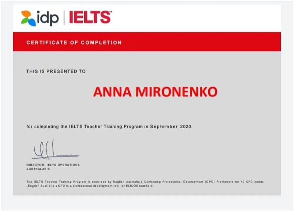 Сертификат IELTS Teacher Training Program, IELTS IDP, Australia