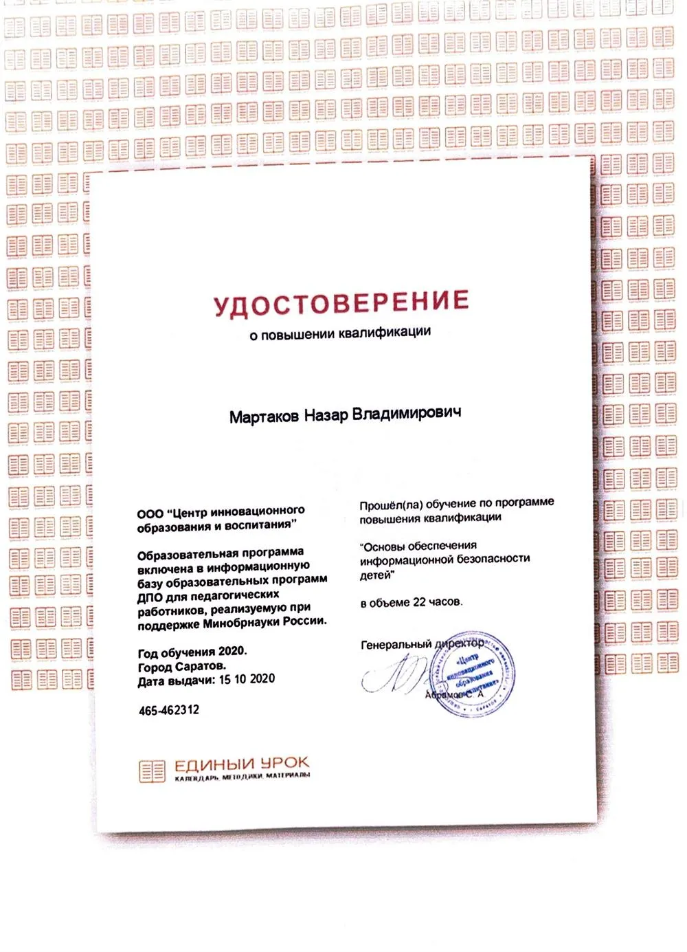 Удостоверение. Основы обеспечения информационной безопасности детей.