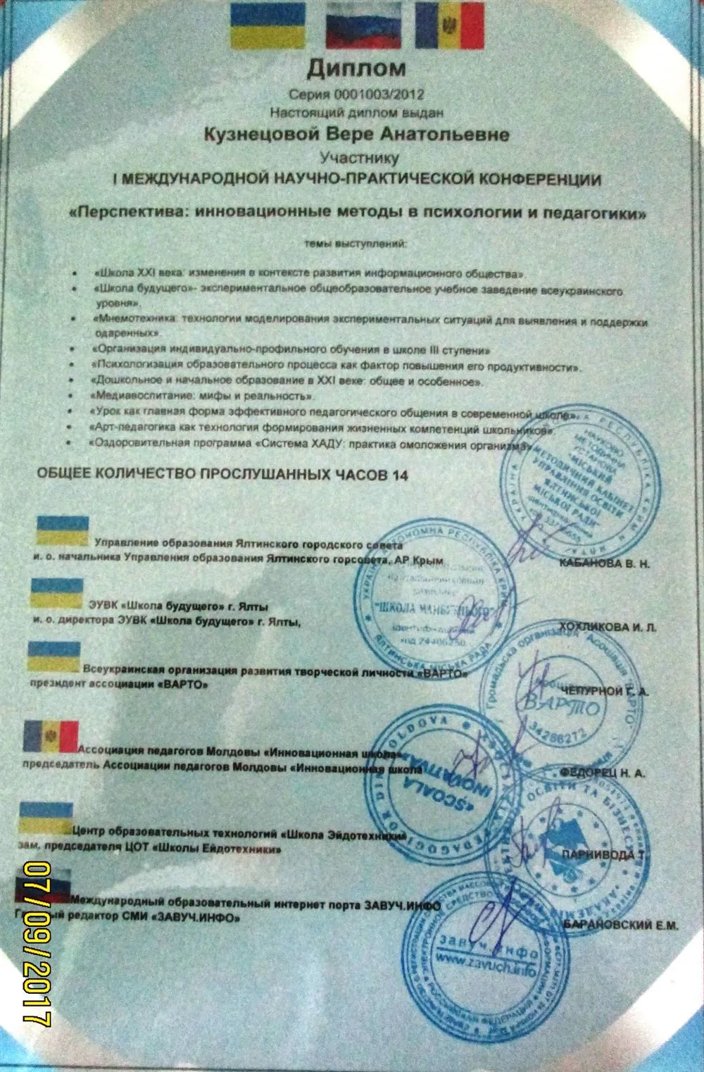 Диплом участника международной педагогической конференции