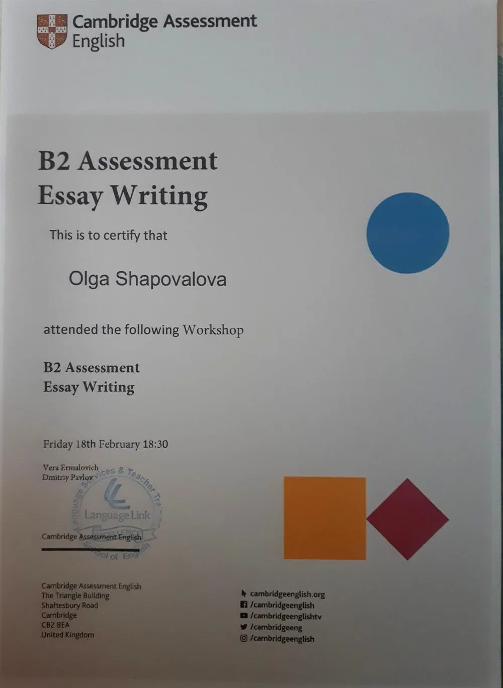 B2 Assessment Easy Writing Workshop 