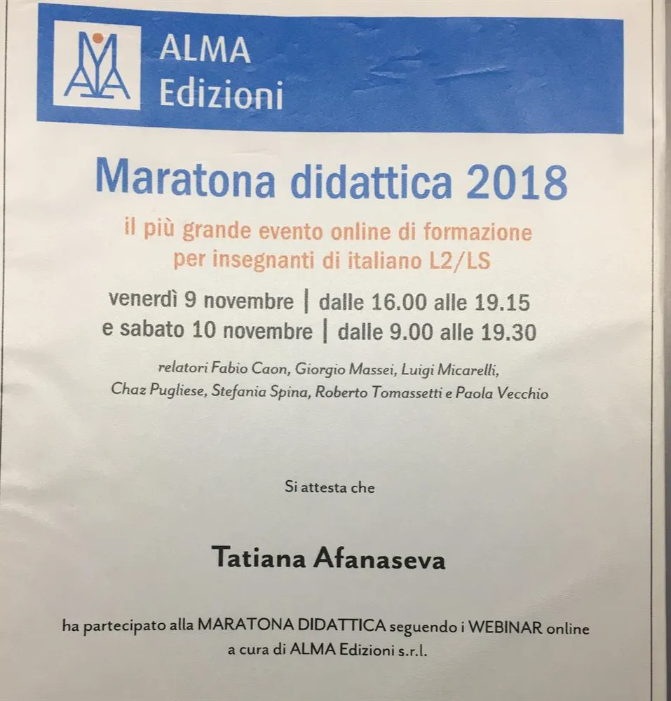 Certificato: Maratona didattica 2018 per insegnanti di italiano L2/ LS