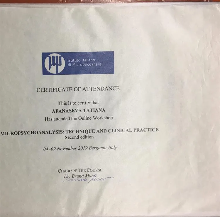 Certificato italiano (04-09 Novembre) del corso “ Micropsicoanalisi”