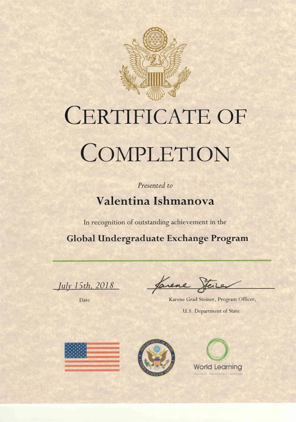 Сертификат участия в программе международного академического обмена Global UGRAD 