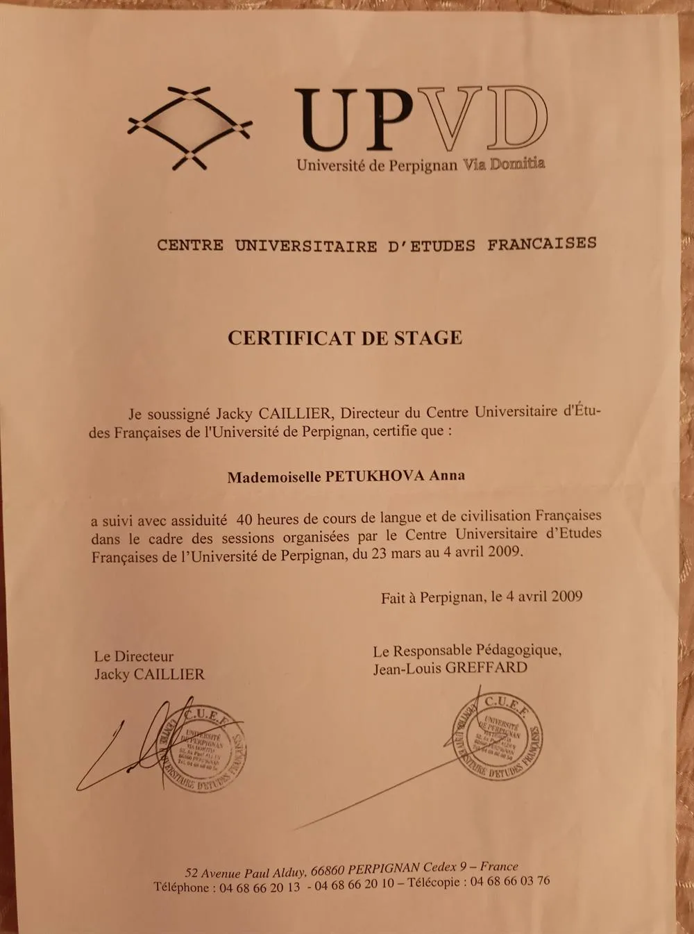 Certificat de stage