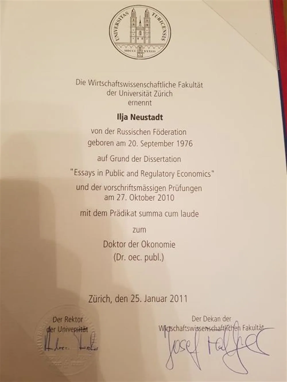 Dr. oec. pub. (доктор экономических наук, PhD), Universitat Zurich