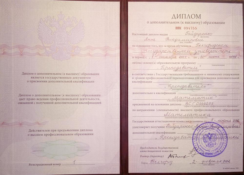 Диплом по специальности "ПРЕПОДАВАТЕЛЬ МАТЕМАТИКИ"