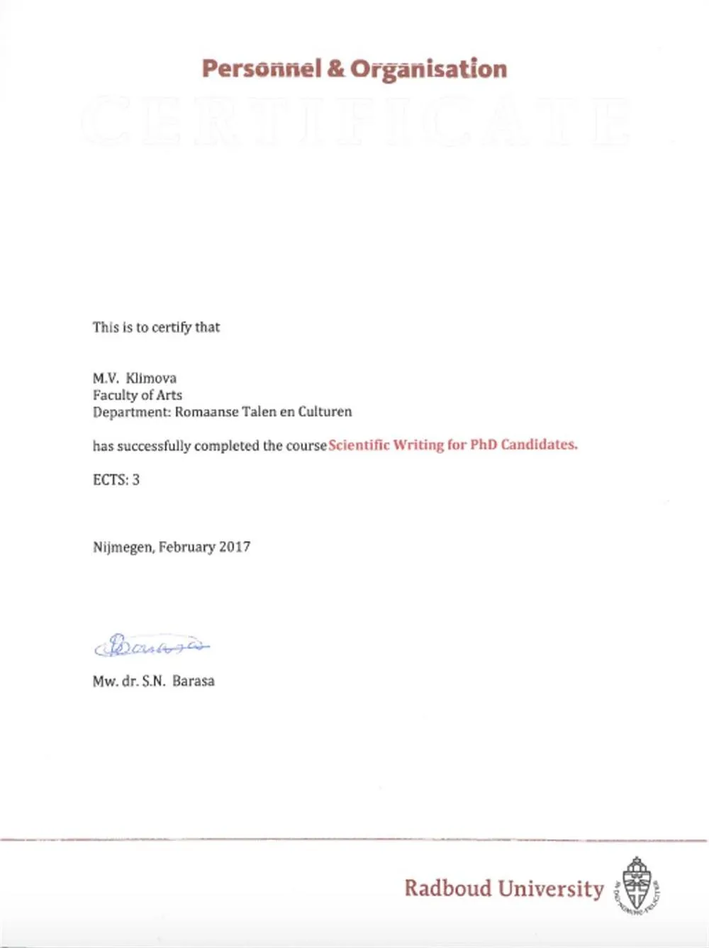 Сертификат “Scientific Writing for PhD Candidates”