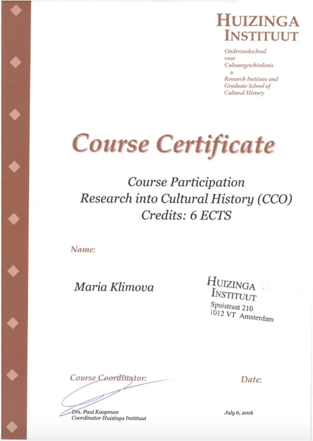 Сертификат “Research into Cultural History”