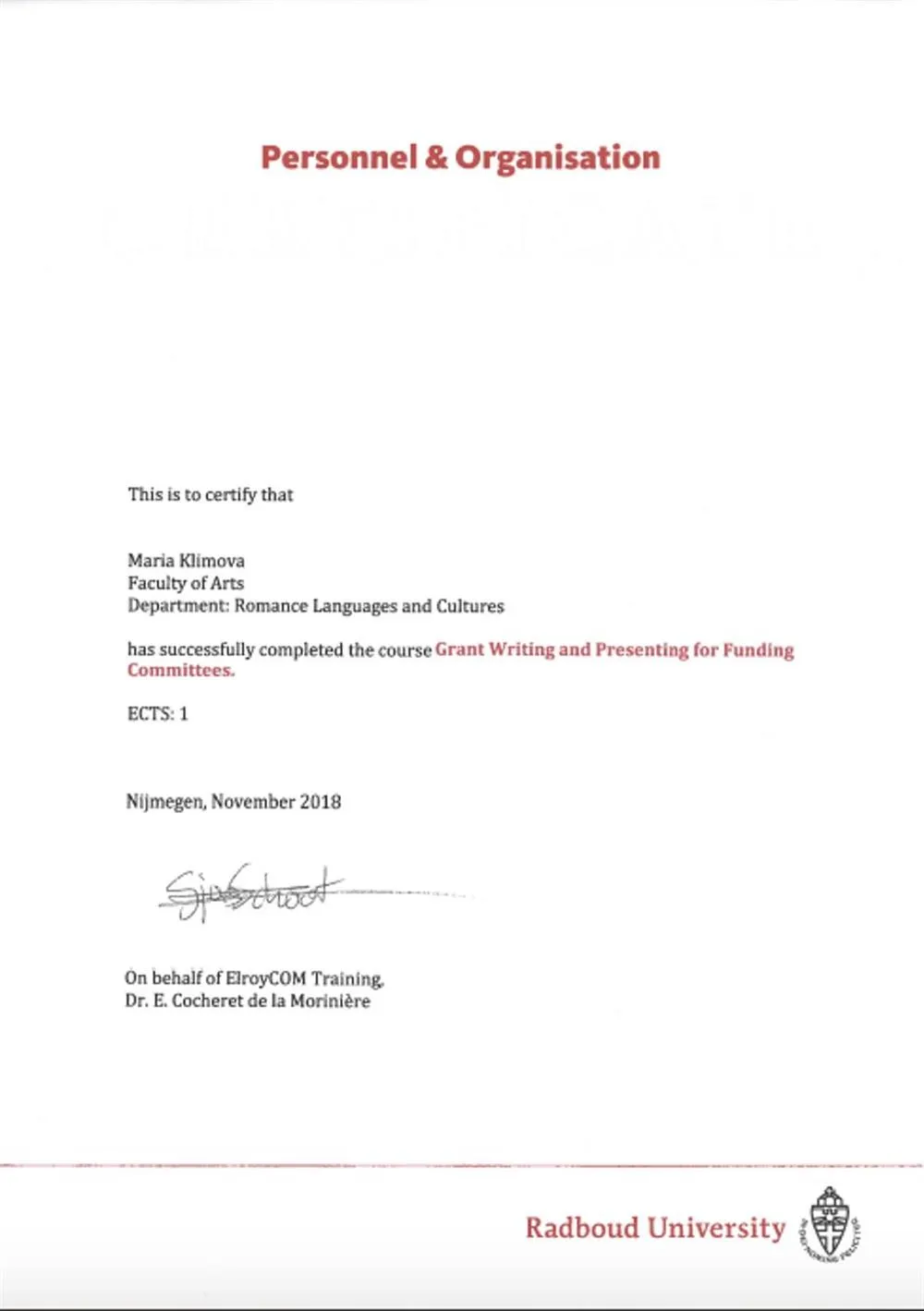 Сертификат “Grant Writing and Presenting for Funding Committees” 