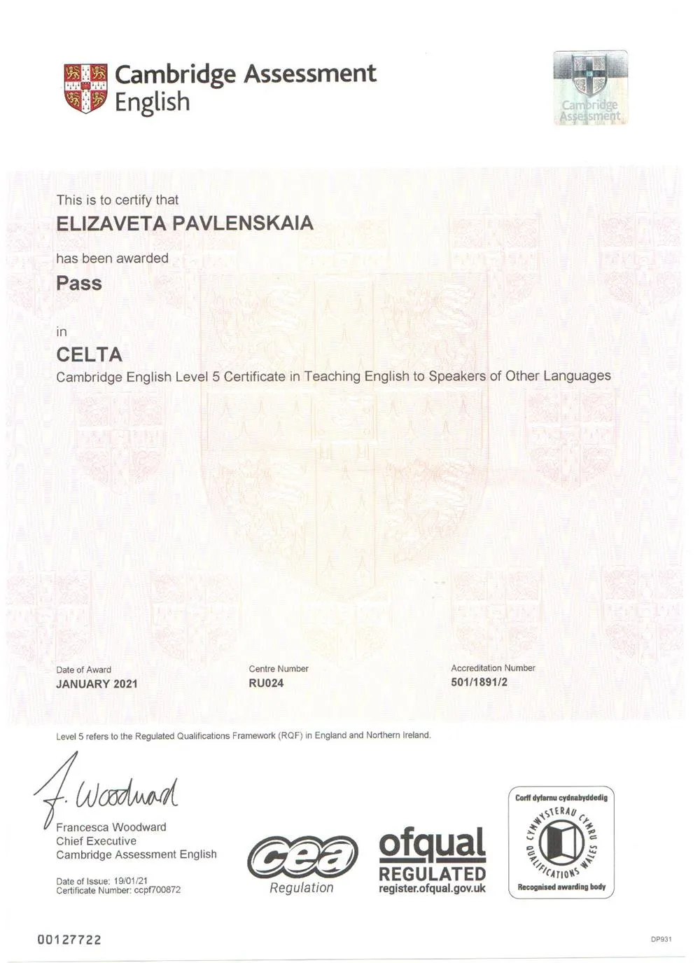 Cambridge CELTA Certificate