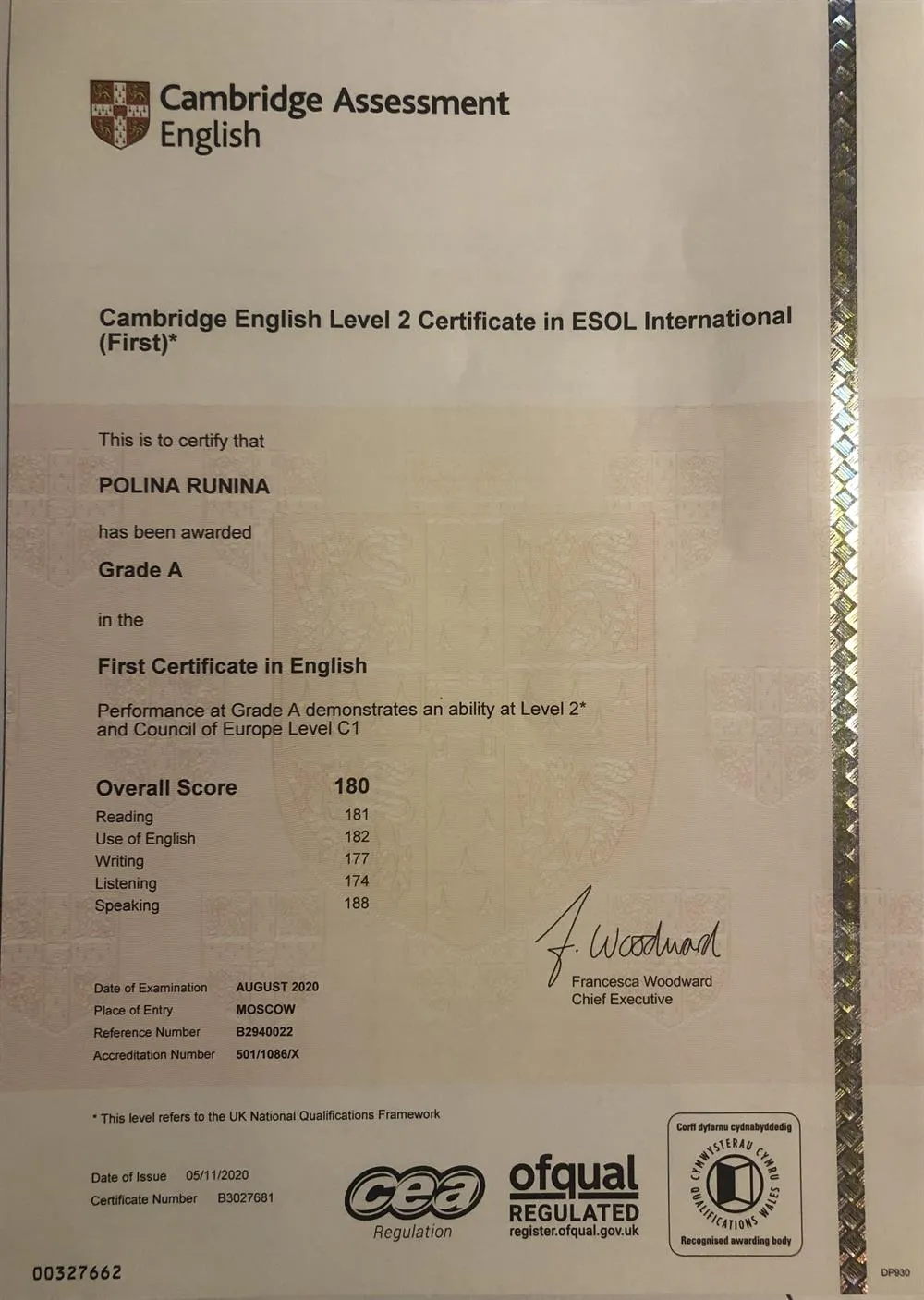 FCE ( First Certificate in English), Grade A