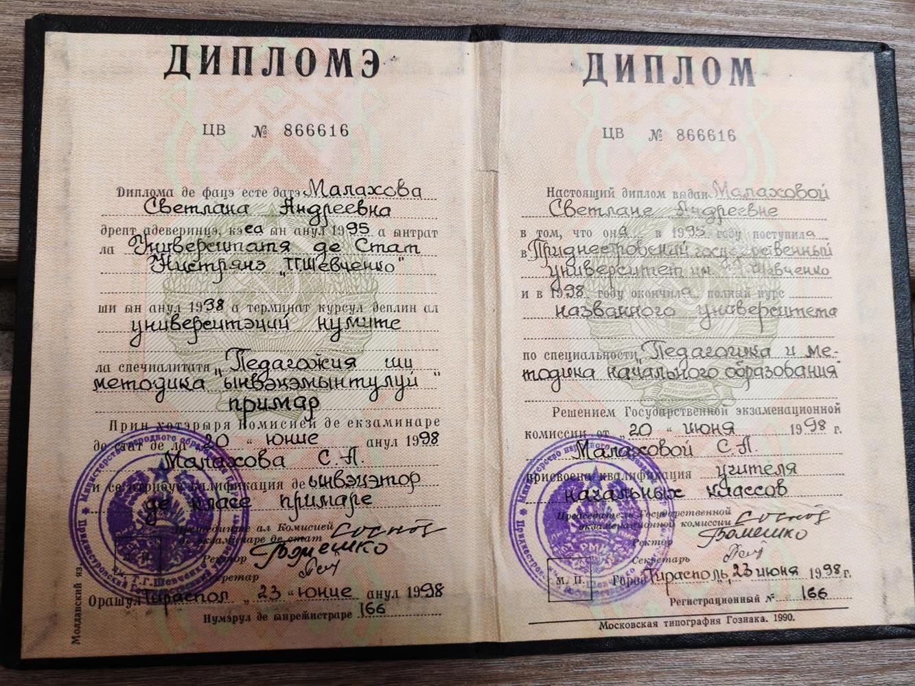 Диплом выдан ПГУ им. Шевченко в 1998г. Малаховой С. А. по специальности "Педагогика и методика начального образования", квалификация учитель начальных классов. 