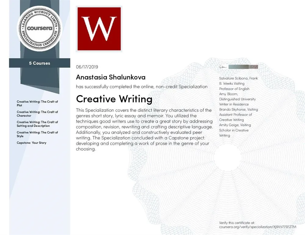 Специализация Creative Writing (создание художественных текстов на английском языке) от Weysleyan University, 2019