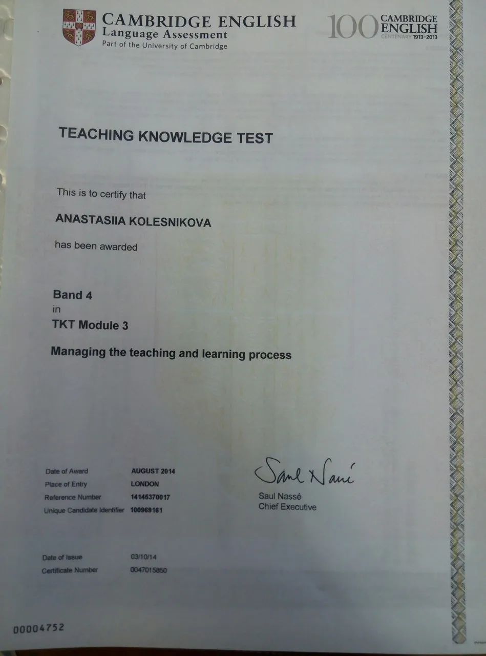Сертификат TKT(Teaching Knowledge Test) модуль 3