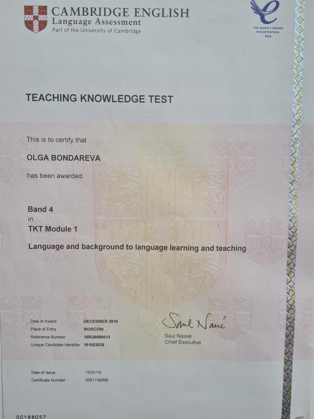 Cambridge English Language Assessment, Teaching Knowledge Test (TKT) Module 1, band 4, 2015 г.