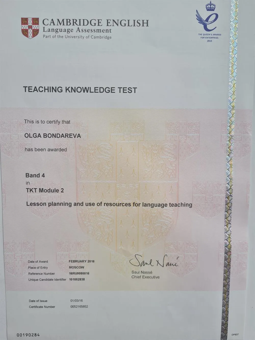 Cambridge English Language Assessment, Teaching Knowledge Test (TKT) Module 2, band 4, 2016 г.
