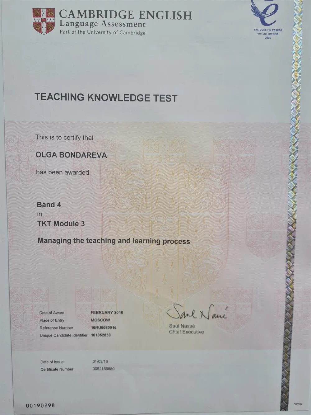 Cambridge English Language Assessment, Teaching Knowledge Test (TKT) Module 3, band 4, 2016 г.