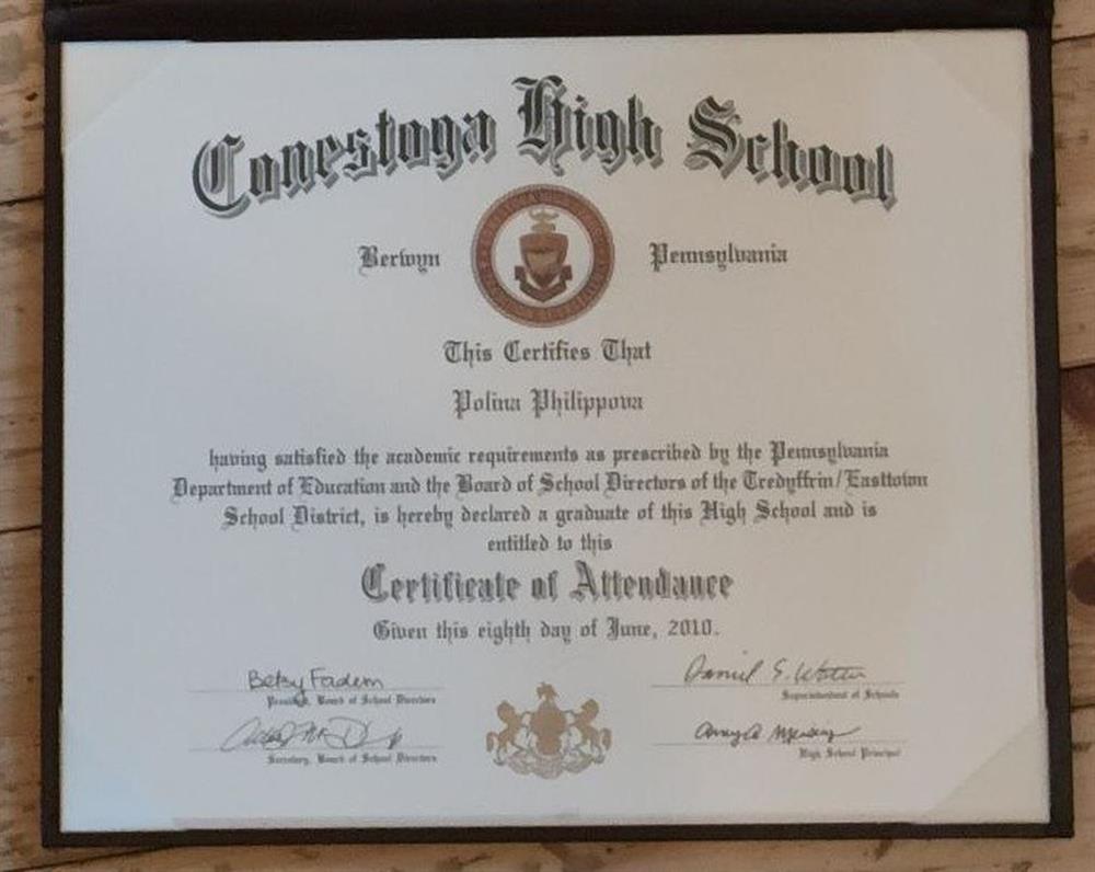 Certificate of Attendance, Conestoga High School, Пенсильвания, США, 2010

