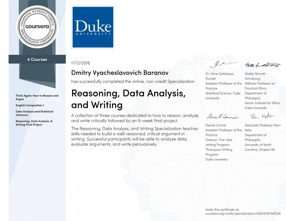 Сертификат специализации Duke University (США) по логике, анализу данных и написанию научных текстов на английском языке, учебная программа из 4 курсов.