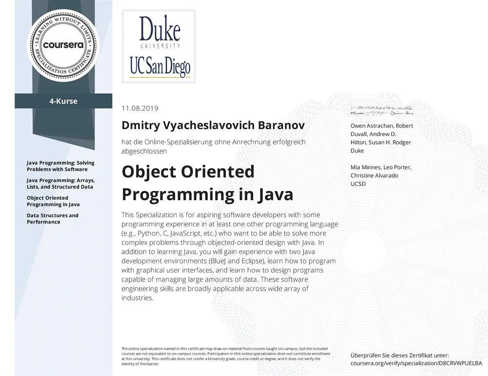 Сертификат специализации UC San Diego и Duke University (США) по ООП на Java, учебная программа из 4 курсов.