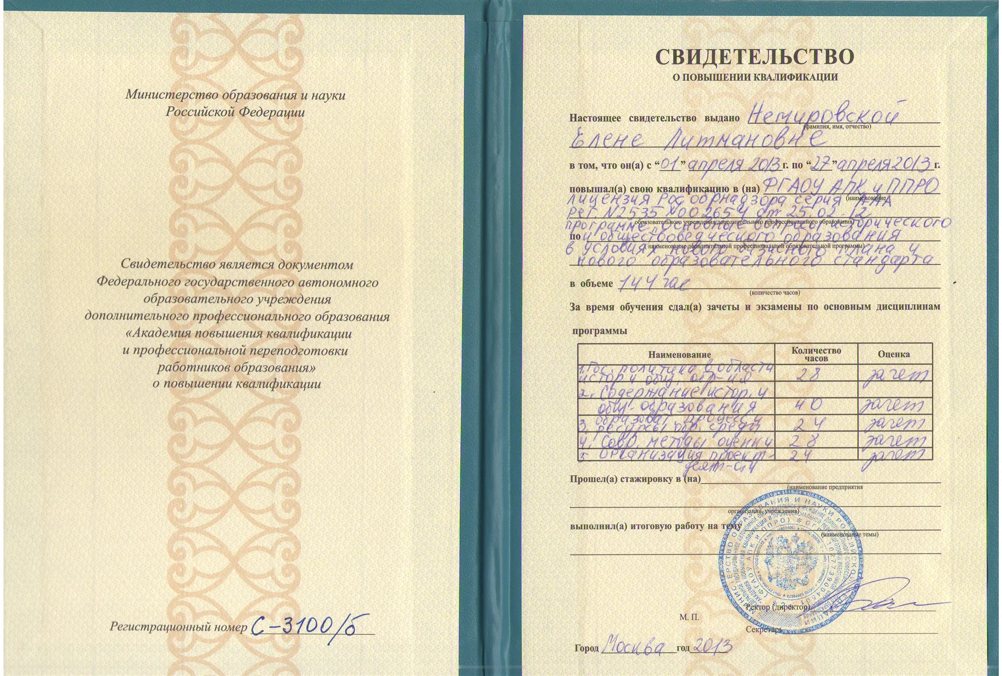 Свидетельство о повышении квалификации